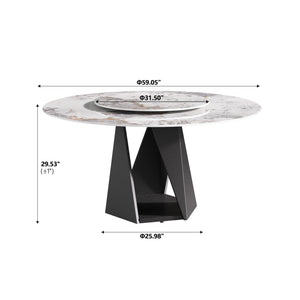 English Elm 59.05" Round Marble Dining Table With Lazy Susan, Black Iron Base For 6-8 People, Elegant Design W1535S00468