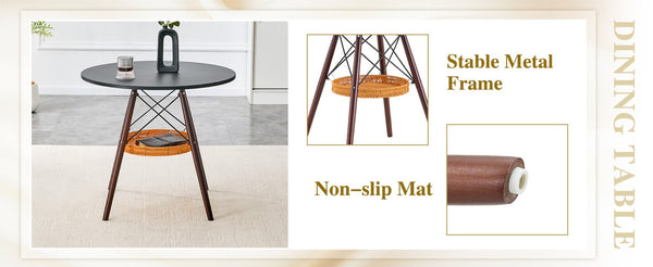 English Elm 31.5-inch Round Dining Table Solid Legs Woven Basket Storage Compact Modern Minimalist Walnut+Black W1151P431130
