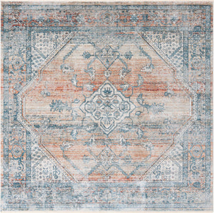 Unique Loom Newport Ochre Machine Made Border Rug Multi, Blue/Ivory/Gray/Light Blue/Light Brown/Red/Rust Red/Terracotta 8' 0" x 8' 0"