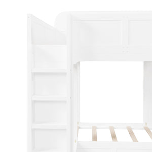 English Elm Triple Bunk Bed Wood Frame with Built in Shelves Hooks for Shared Kids Rooms White N7090004027K