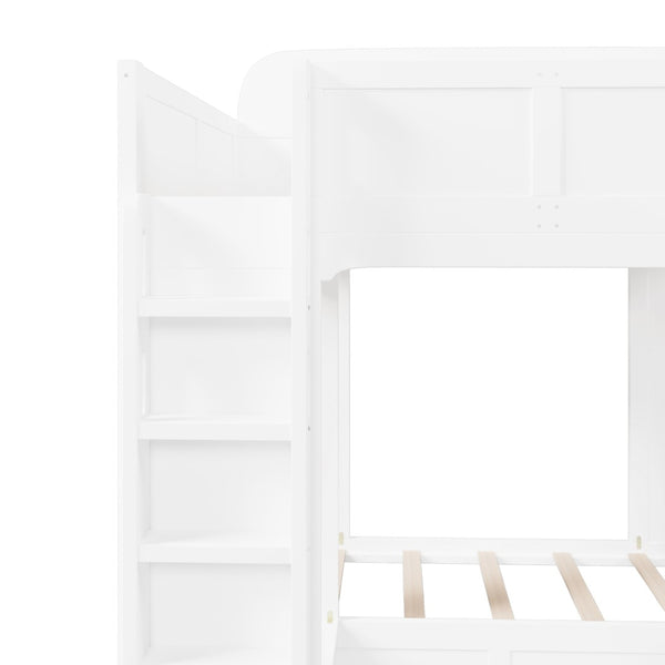 English Elm Triple Bunk Bed Wood Frame with Built in Shelves Hooks for Shared Kids Rooms White N7090004027K