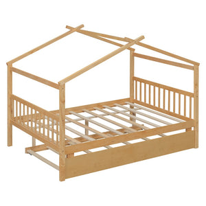 English Elm Full Size House Bed Solid Pinewood Frame with Pull Out Twin Trundle for Kids Natural LP000305AAM-1
