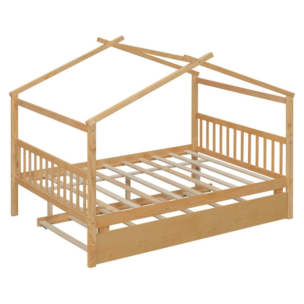 English Elm Full Size House Bed Solid Pinewood Frame with Pull Out Twin Trundle for Kids Natural LP000305AAM-1