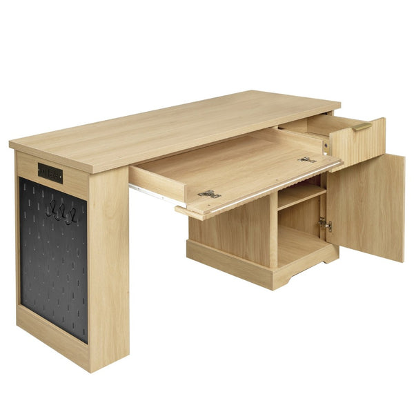 English Elm 55" Fluted White Computer Desk with Power Outlet Pegboard Cabinet and Keyboard Tray W2917P396017