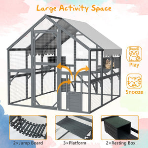 English Elm Extra Large Walk-in Outdoor Cat Enclosure with Oxford Roof Ramps and Dual Resting Huts W1422S00047