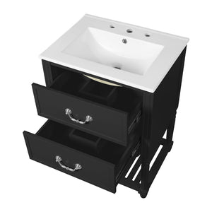 English Elm 24'' Vintage Bathroom Vanity with Ceramic Sink Soft Close Drawers Open Shelf Black N710P411237B