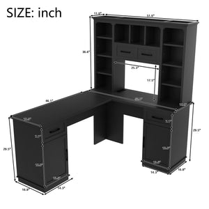 English Elm L-shaped computer desk with ample storage 11 shelves, 3 cabinets, 2 drawers, flip-up shelf for workspaces Black W1580S00189