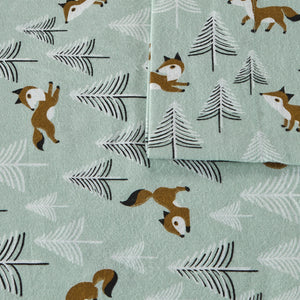 JLA Home Intelligent Design - 100% Cotton Flannel Sheet Set with Pigment-Dyed Print, 135gsm Soft Warmth for Cozy Year-Round Comfort Seafoam Foxes ID20-1550