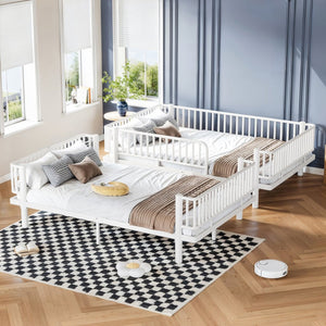 English Elm Queen Over Metal Bunk Bed Convertible Platform Frame with Safety Guardrails Light White W5305S00064