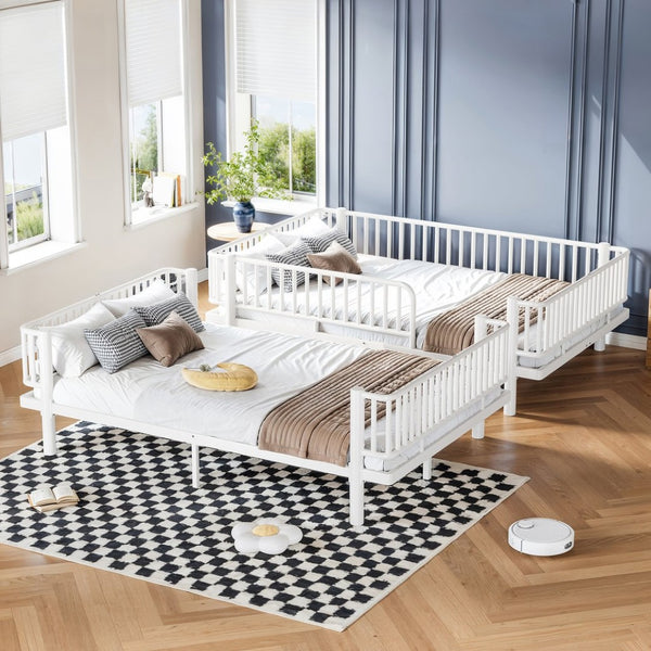 English Elm Queen Over Metal Bunk Bed Convertible Platform Frame with Safety Guardrails Light White W5305S00064