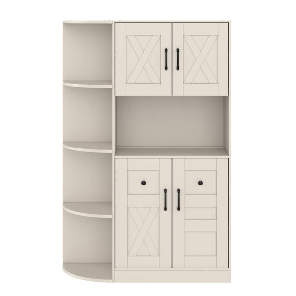 English Elm Multifunctional Modular Hall Tree Cabinet with Open Shelves and Hooks for Entryway Beige W1580S00565
