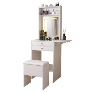 English Elm Vanity Desk With Adjustable Led Mirror, Ample Storage, Glass Top & Elegant Design For Bedrooms W3008P235418-GIGA