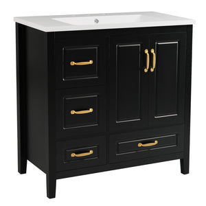 English Elm Christopher Knight Home® - 36" Freestanding Bathroom Vanity with Resin Sink, Soft-Close Doors & Drawers, Gold Alloy Handles, Spacious Storage and Easy Plumbing Access Black N759P292552B
