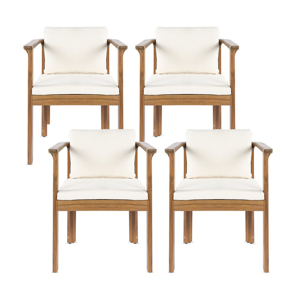 English Elm Outdoor Acacia Wood Dining Chairs Set of 4 Curved Arms Cushioned Patio Seating Cream,Teak N768P372905L_4