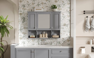 English Elm 35'' Modern Wall-Mounted Medicine Cabinet with Mirror, Hidden Storage and Open Shelves for Bath Gray N710P209443E