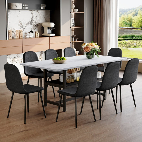 English Elm Table Set With Storage - Modern 71" White Grain Dining Table & 8 Black Linen-Cotton Chairs For Comfort W1151S04260-GIGA
