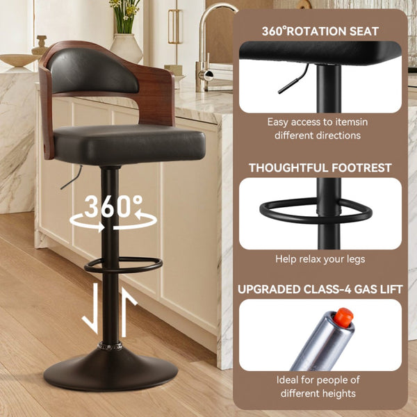 English Elm Swivel Bar Stools Set Of 2 - Adjustable Height, Comfortable Pu Leather & Bentwood Design For Dining T3950P394218-GIGA