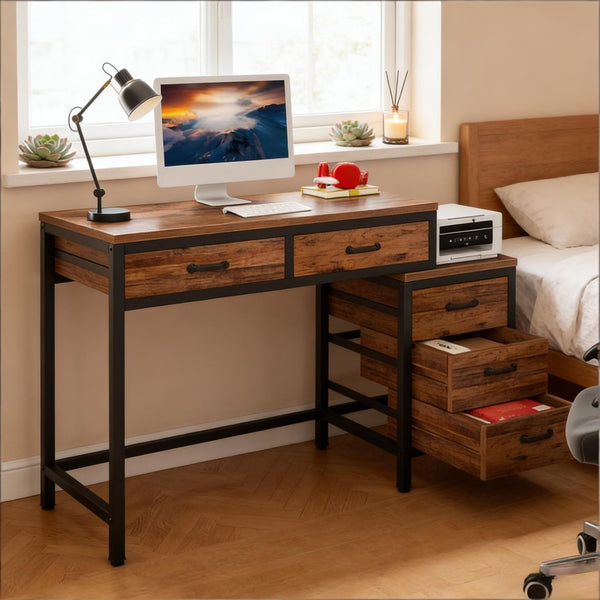 English Elm Industrial Writing Desk with File Cabinet Five Drawers Rustic Brown Home Office T3971P449902