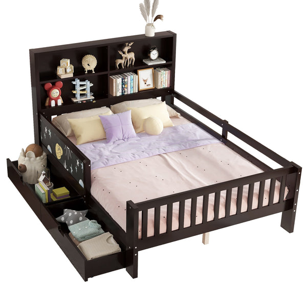 English Elm Full Solid Wood Platform Bed with Chalkboard Headboard, Storage Drawers & Shelves, Kid-Friendly White Espresso W1580P362709