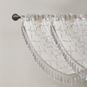 JLA Home Madison Park - Diamond Sheer Valance with Embroidered Diamond Motif, Tassel Trim, Waterfall Drape for Soft Light White/Grey MP41-4945