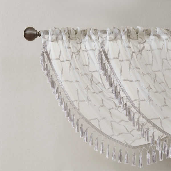 JLA Home Madison Park - Diamond Sheer Valance with Embroidered Diamond Motif, Tassel Trim, Waterfall Drape for Soft Light White/Grey MP41-4945