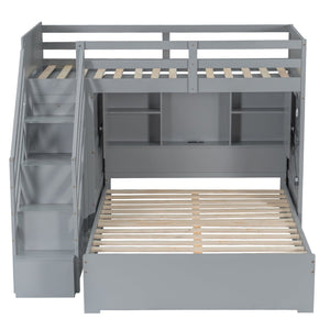 English Elm Twin Over Full Bunk Bed with Wardrobe Storage Stairs Shelves and Usb Charging Gray LT000292AAE