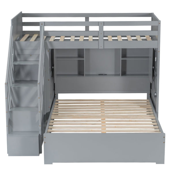 English Elm Twin Over Full Bunk Bed with Wardrobe Storage Stairs Shelves and Usb Charging Gray LT000292AAE