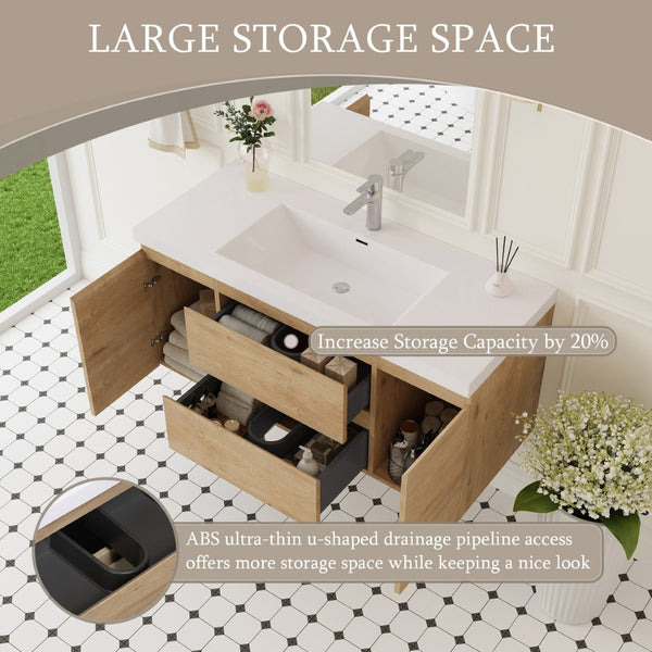 English Elm 48" Floating Bathroom Vanity Wall Mounted Timber Cabinet with Resin Sink Soft Close Oak W1573P152702