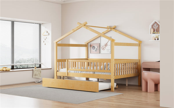 English Elm Full Size Pine House Bed with Roofline Frame and Roll Out Twin Trundle for Kids Natural LP100306AAN