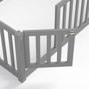 English Elm Twin Floor Bed Pine Wood Frame with Guardrails and Door for Safe Toddler Sleep Gray W1580P418051