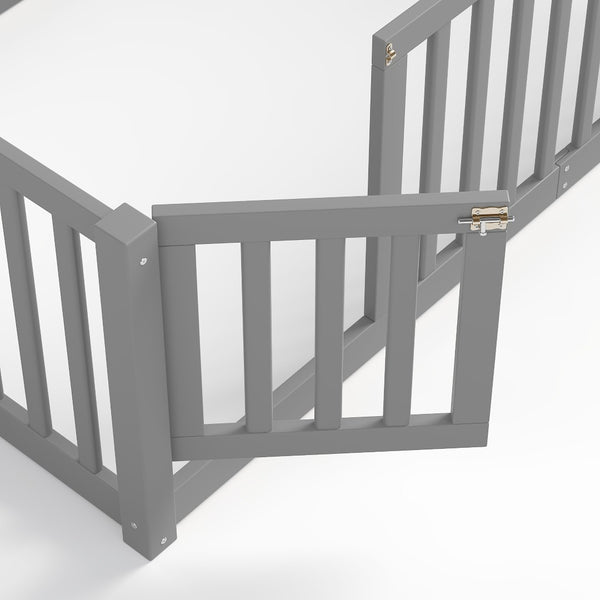 English Elm Twin Floor Bed Pine Wood Frame with Guardrails and Door for Safe Toddler Sleep Gray W1580P418051