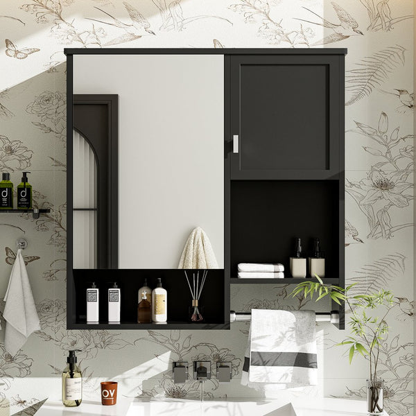 English Elm 29'' Modern Wall Mounted Medicine Cabinet with Mirror, Spacious Adjustable Shelves, Towel Bar and Durable MDF Finish Black N710P209440B