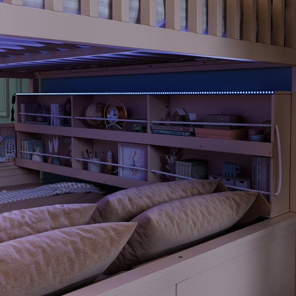 English Elm Full Xl Over Queen Bunk Bed Pinewood Frame with Led Lights Shelving Pegboard Beige LT000279AAA