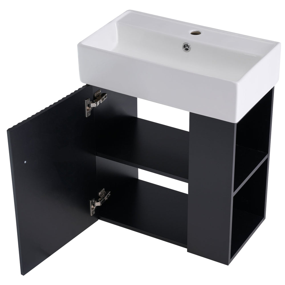 English Elm 21.6 inch Modern Floating Bathroom Vanity with Ceramic Basin, Wave Door, Rose Gold Handle Black N729P170388B