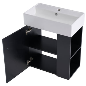 English Elm 21.6 inch Modern Floating Bathroom Vanity with Ceramic Basin, Wave Door, Rose Gold Handle Black N729P170388B