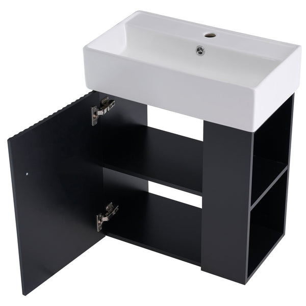 English Elm 21.6 inch Modern Floating Bathroom Vanity with Ceramic Basin, Wave Door, Rose Gold Handle Black N729P170388B
