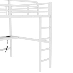 English Elm Metal Queen Loft Bed With Integrated Desk, Led Lights, Power Outlet – Stylish Space-Saver Solution W1580S00139