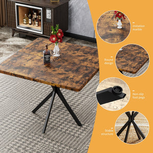 English Elm Square MDF Dining Set for 4 with Faux Marble Top, Mid-Century Modern Iron Legs, Easy-Clean Surface Brown+Black W578S00029