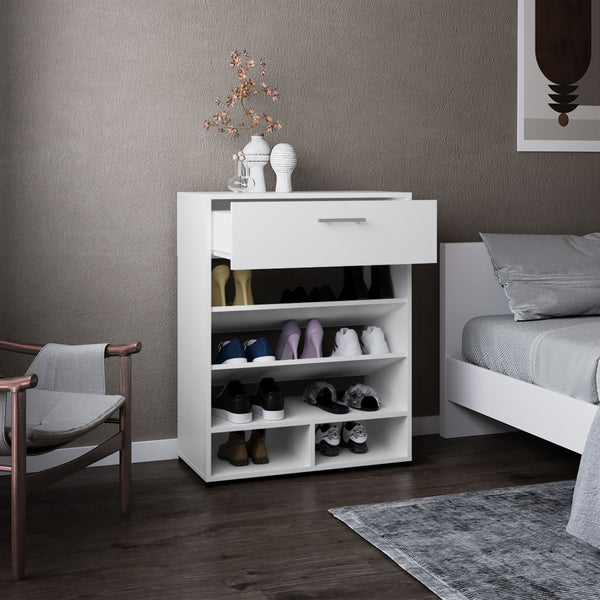 English Elm Alpine 3-Tier Shoe Rack with Drawer and Five Shelves — Compact White MDF Organizer for Entryways B200P335333