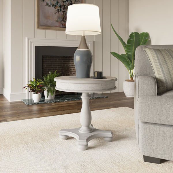 English Elm Wallace & Bay - Gray Coastal Round End Table in Oyster Shell Solid Wood Finish — Low-Maintenance, Classic Charm B2709P212404
