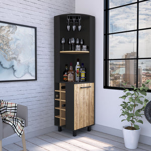 English Elm Kaia 70" Tall Corner Bar Cabinet with 4 Shelves, 10 Wine Cubbies & Stemware Storage in Black Pine B070S00307