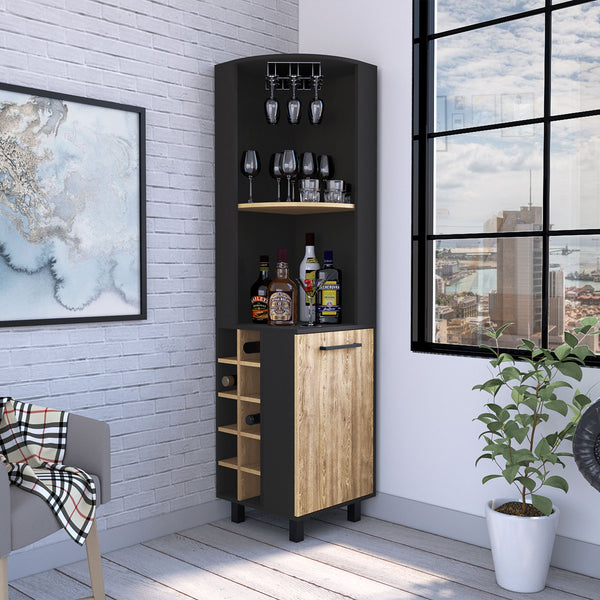 English Elm Kaia 70" Tall Corner Bar Cabinet with 4 Shelves, 10 Wine Cubbies & Stemware Storage in Black Pine B070S00307