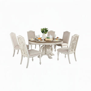 English Elm Elegant Round Pedestal Dining Set Carved Wood Table with Four Upholstered Side Chairs Antique White,Ivory B2741S00889