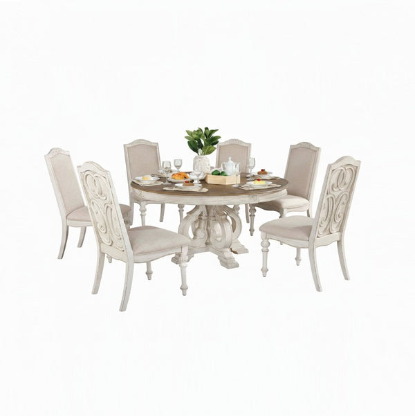 English Elm Elegant Round Pedestal Dining Set Carved Wood Table with Four Upholstered Side Chairs Antique White,Ivory B2741S00889