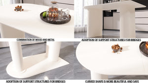 English Elm 63 Inch Mdf Cream Dining Set Six Seats Pu Leather Chairs Black Metal Legs Modern W2189S00898
