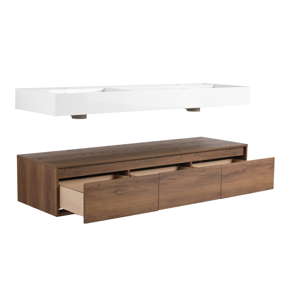 English Elm 60 Inch Wall-Mounted Bathroom Vanity With Dual Resin Sinks, Soft-Close Drawers & Modern Elegance W999S00259