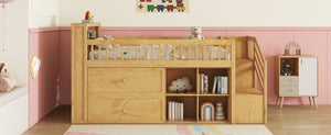 English Elm Twin Loft Bed with Built-In Stairs, Shelves, Hanging Rod & 2 Drawers for Space-Saving Kids Room Natural 45.87 L x 18.5 W x 10.83 H W2593S00005