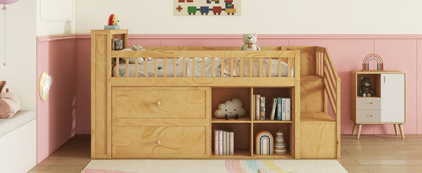 English Elm Twin Loft Bed with Built-In Stairs, Shelves, Hanging Rod & 2 Drawers for Space-Saving Kids Room Natural 45.87 L x 18.5 W x 10.83 H W2593S00005