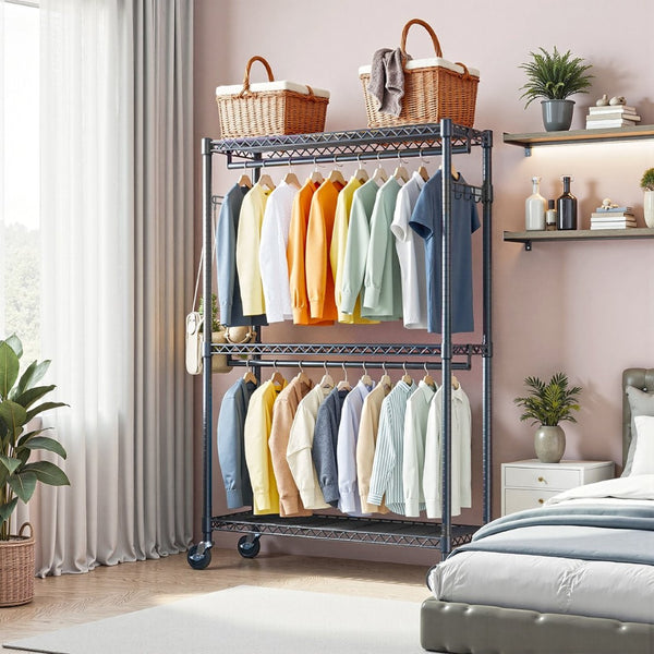 English Elm Heavy Duty Rolling Garment Rack Freestanding Closet Organizer with Adjustable Steel Shelving Black W5386P445614