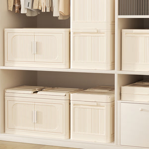 English Elm Cream White 5-Tier Folding Storage Cabinet With Magnetic Door & Wheels – Versatile Space-Saving Solution W2873P239386